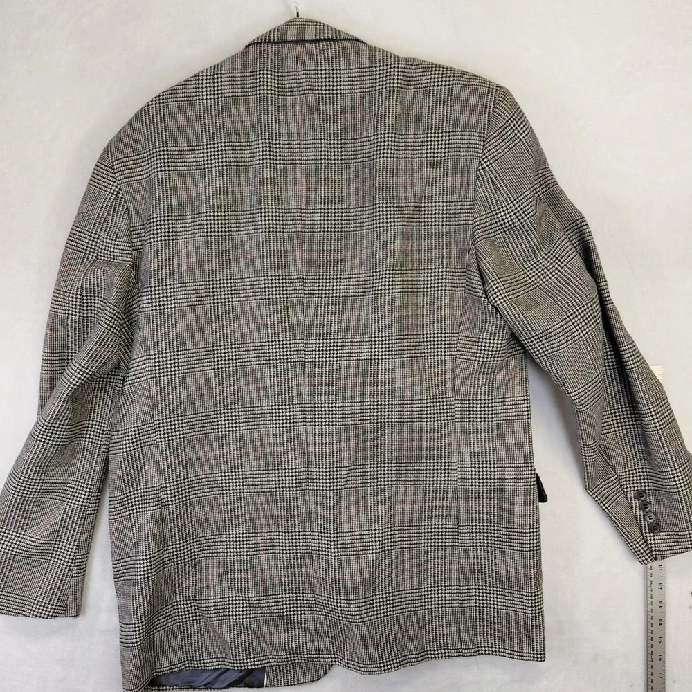 Lands End Vintage Mens 46L Glen Plaid Wool Blazer Grey Red Sport Coat USA Made